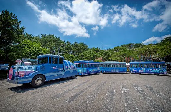 停在太宗臺園內的藍色Danubi觀光列車