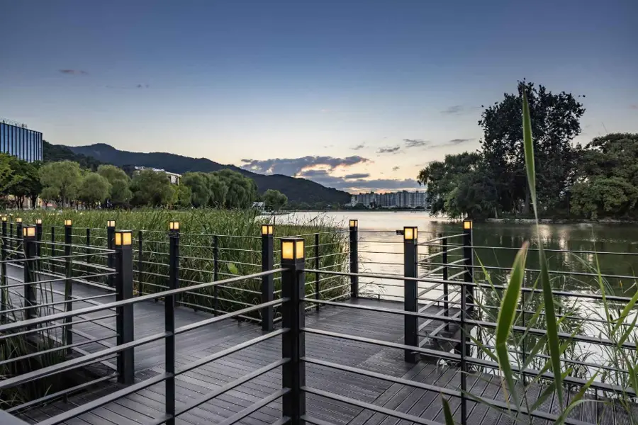 Boardwalk viewing deck, railings, low lights and aquatic planting beside Suseongmot Lake