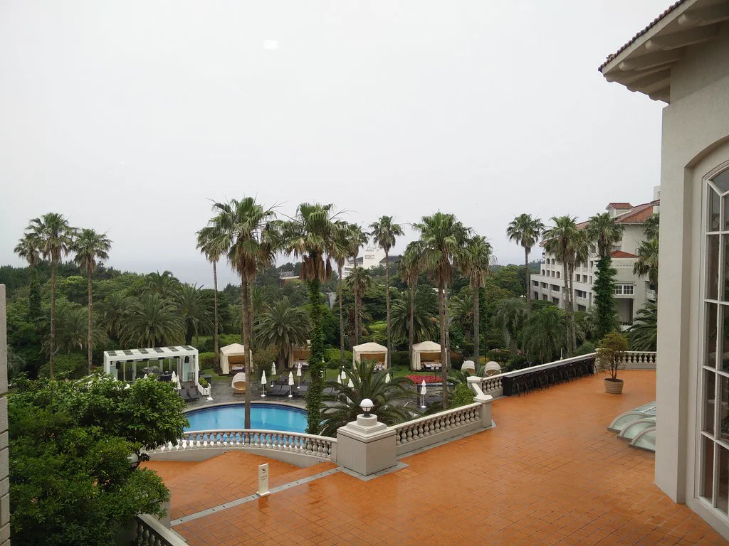 Pool, palm trees, and resort buildings at The Shilla Jeju