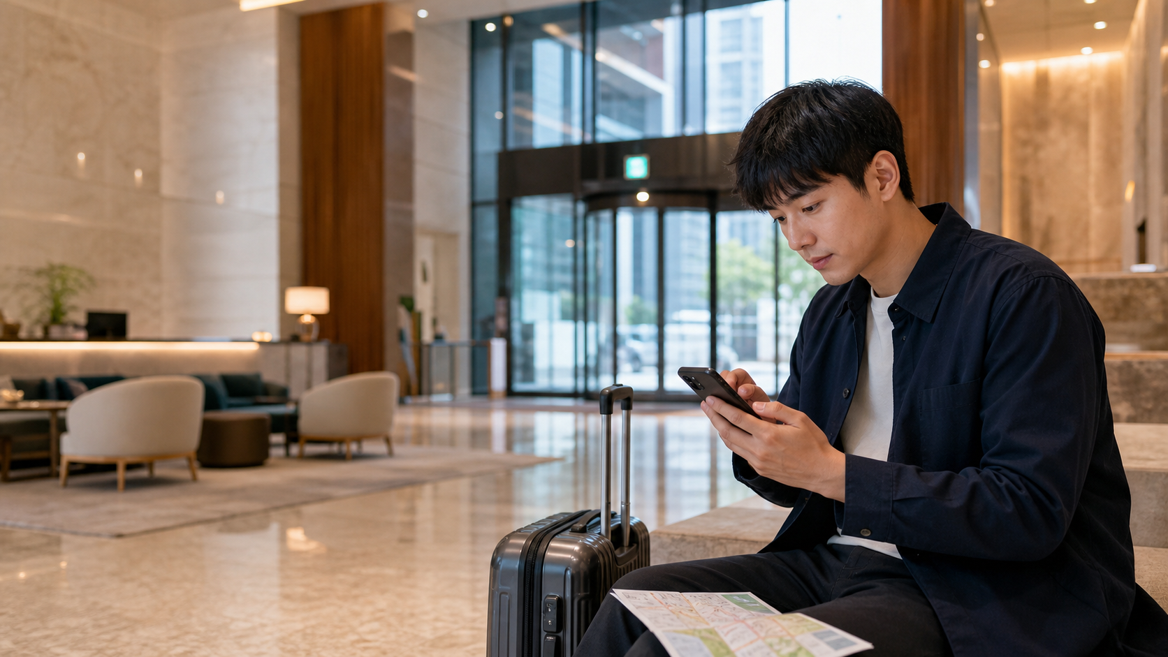 旅客在首爾飯店大廳用 Android 手機確認網路設定