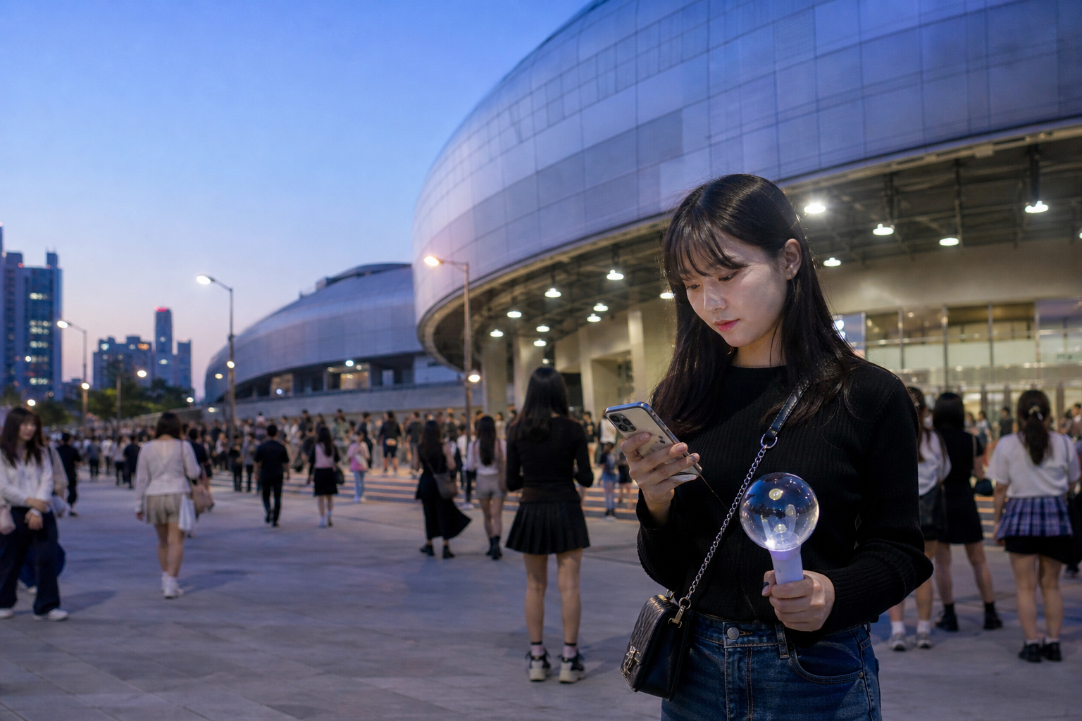 演唱會散場後旅客在韓國場館外查看手機連線