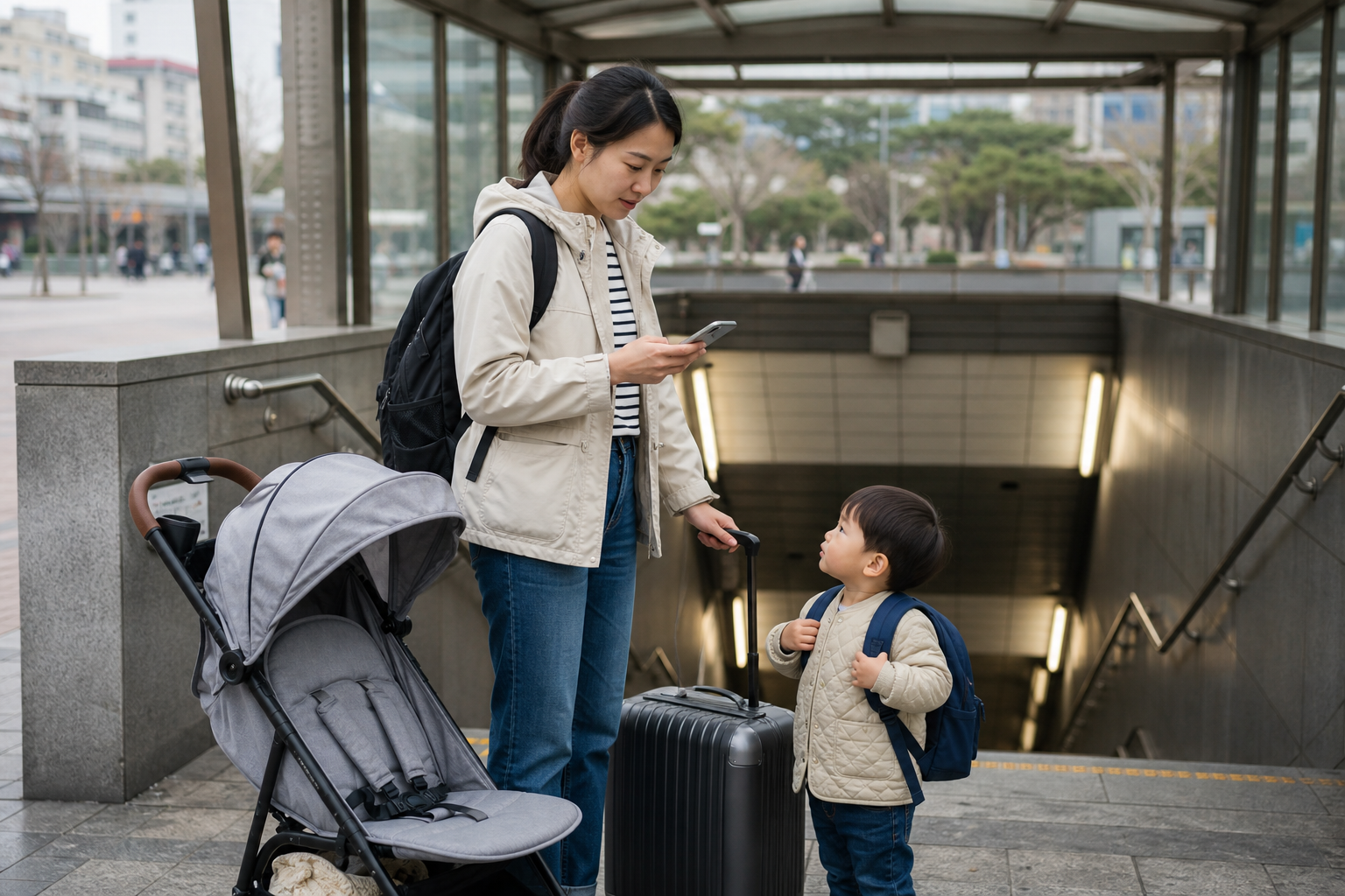 家長帶孩子與推車在首爾地鐵入口查看手機導航