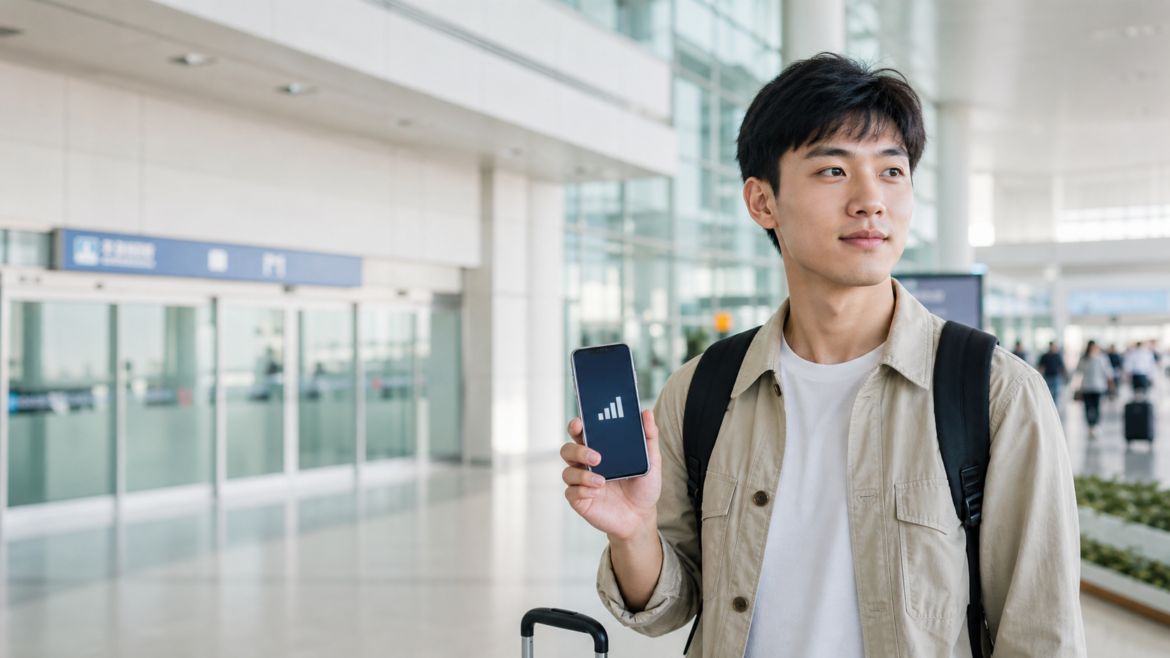 旅客在仁川機場使用手機確認韓國旅遊網路