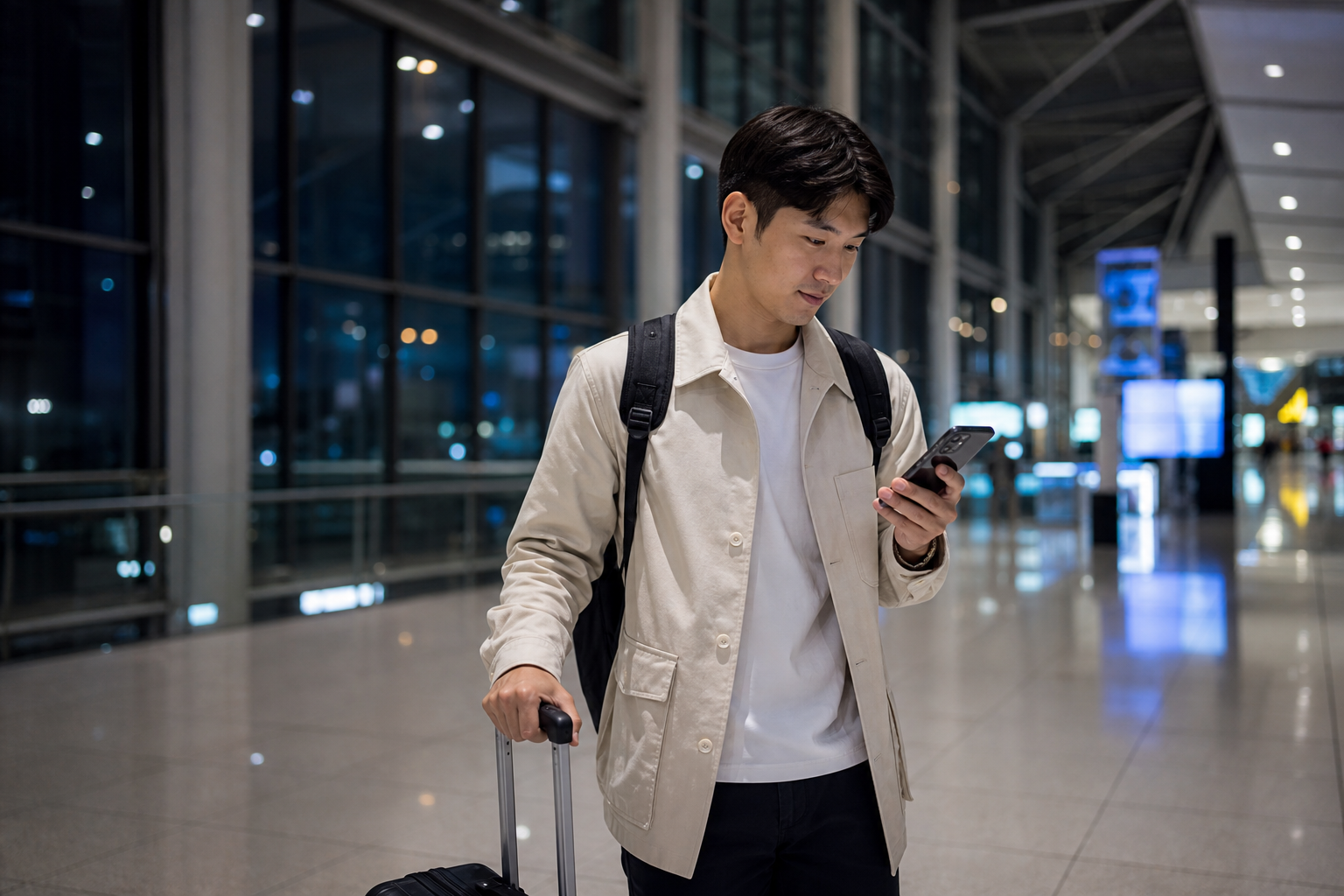 深夜抵達韓國的旅客在機場查看手機地圖