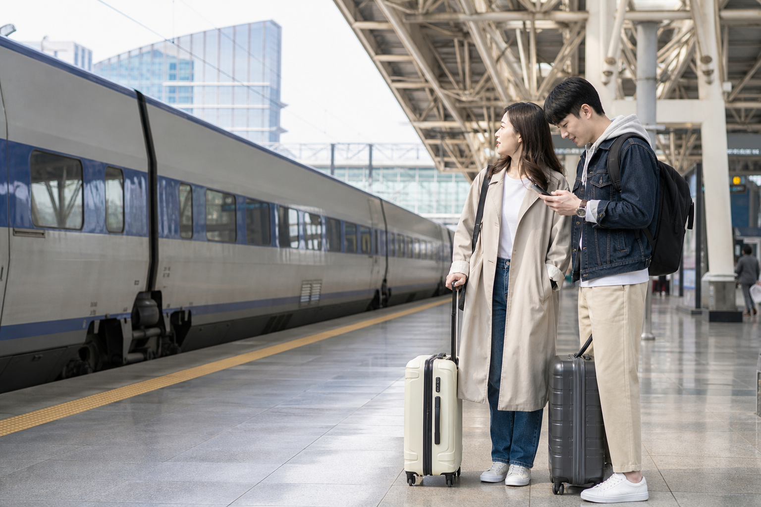 旅客帶著行李在韓國跨城列車月台查看手機