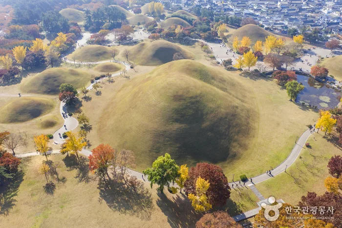 慶州大陵苑に並ぶ新羅時代の古墳と園路を上空から見た景色